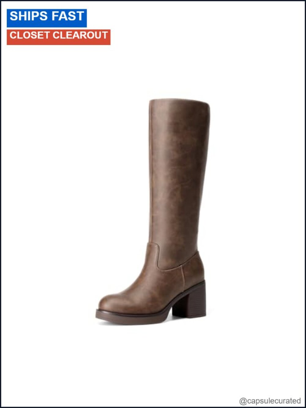 Women's Knee High Platform Boots Faux Leather Round Toe Equestrian Zip